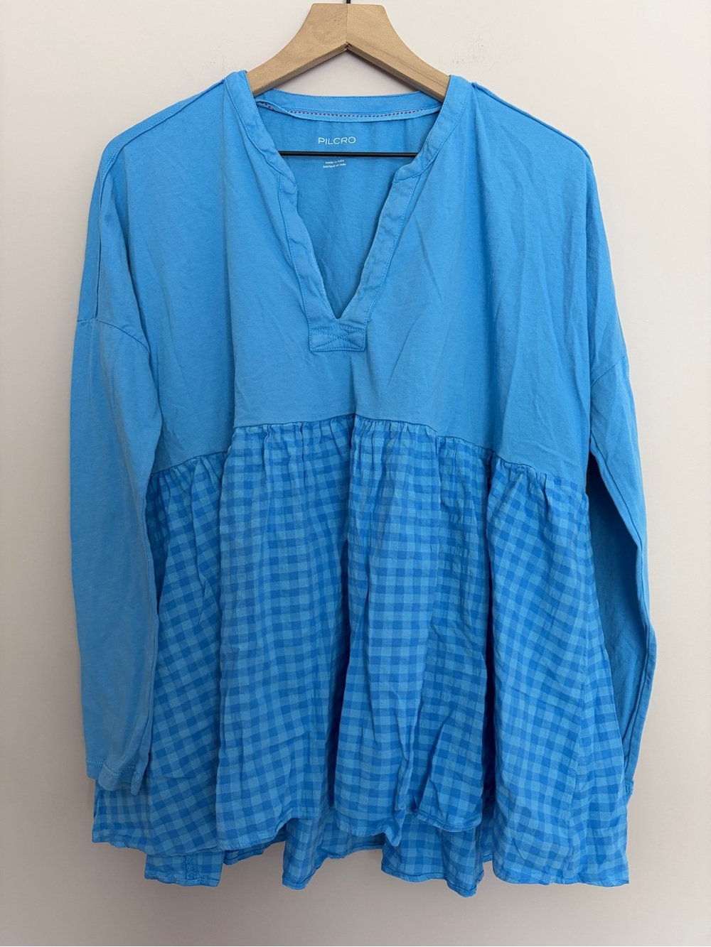 Pilcro Anthropologie Long Sleeve Gingham Babydoll Blouse Blue Small - Picture 2 of 4